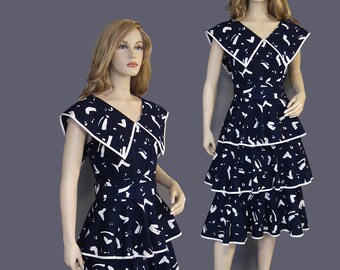 Vintage Dress 80s Navy Blue White Tiered Ruffled Sailor Collar Howard Wolf NOS