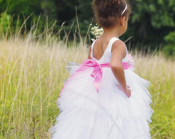White Flower Girl Dress - Toddler Flower Girl - White Wedding - Pageant Dress - Tulle Dress - Maxi Dress - Full Length - 2T to 8 Years