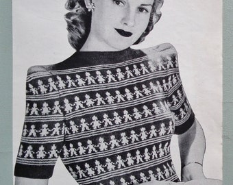 Vintage Knitting Pattern 1940s Women's Sweater Jumper Wedgwood Pottery Inspired Figural Design Fair Isle 40s original pattern Bestway 1835