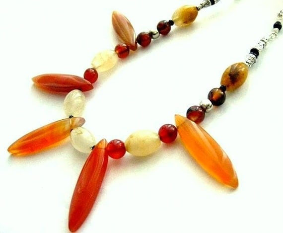 Red Gemstone Necklace. Statement Bib. Celosia Orange Carnelian, Agate & Citrine. Tribal Flame