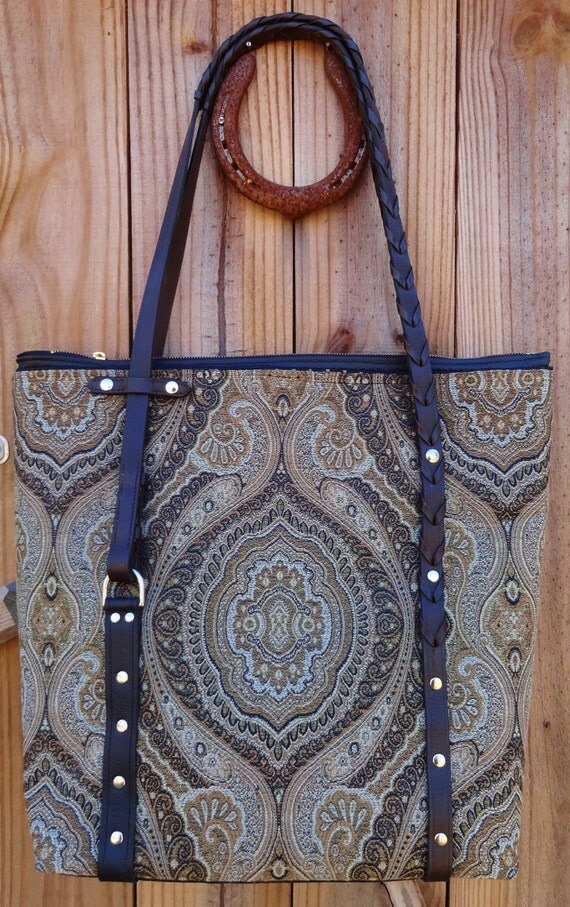 Items similar to McKinley Tote - Repurposed horse tack and tapestry ...