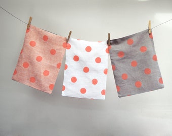 Coral Polka Dot hand block printed modern white natural gray peach linen pillow case colorful decorative pillow home decor