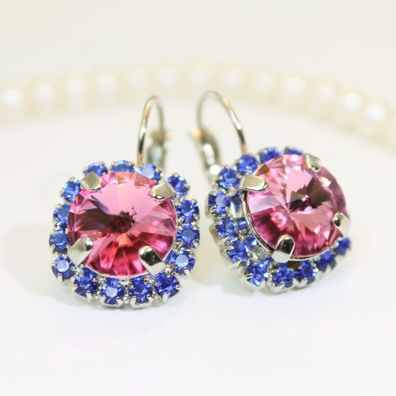 Blue Pink Earrings Royal Blue Pink Earrings Swarovski Crystals