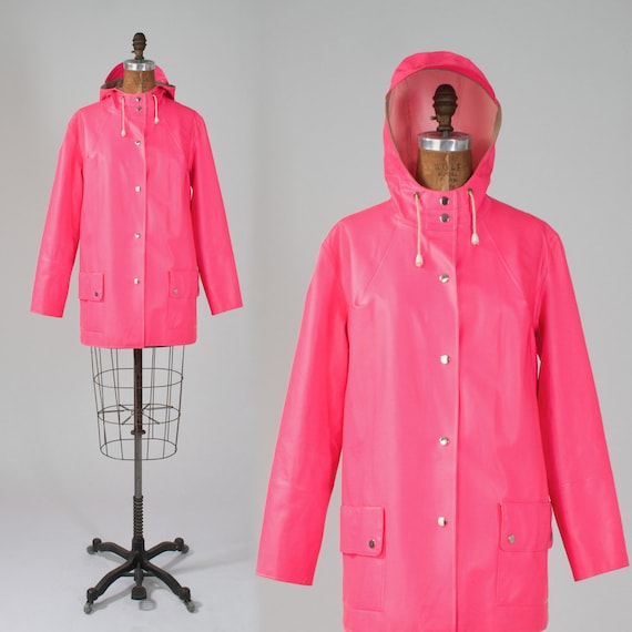 Vintage Neon Pink Raincoat 70s Swedish Hot Pink Rubber Coat