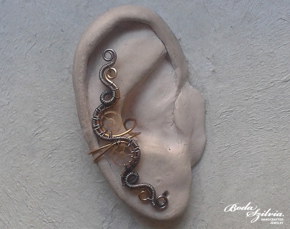 STEAMPUNK EAR CUFF - wire wrapped ear cuff,  copper and brass ear cuff, no piercing ear cuff, adjustable ear cuff, steampunk jewelry
