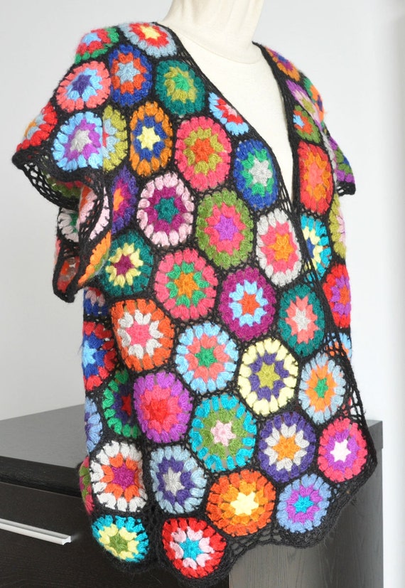 Vintage Motif Crochet Multicolor Hexagon Motif Cardigan