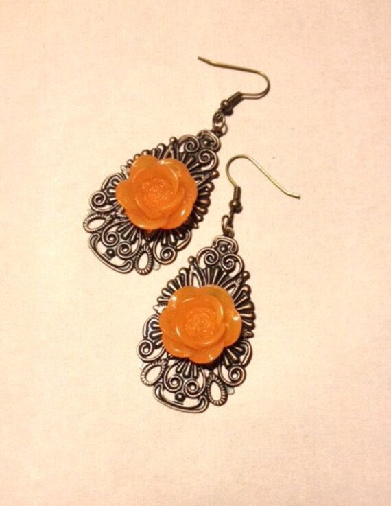 Earrings Bronze Teardrops with Orange Flower by jHenSunshine
