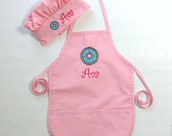 Kid's Apron AND Chef Hat - Childs Art Apron and Hat - Childrens Personalized Craft Apron and Chef Hat - Donut