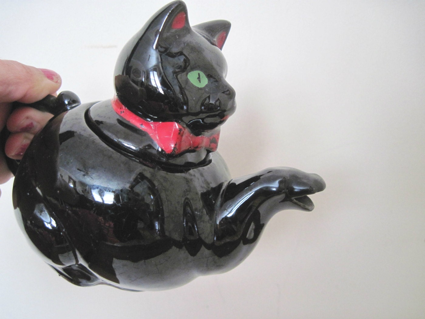 meows vintage BLACK CAT teapot Stafford Redware Pottery