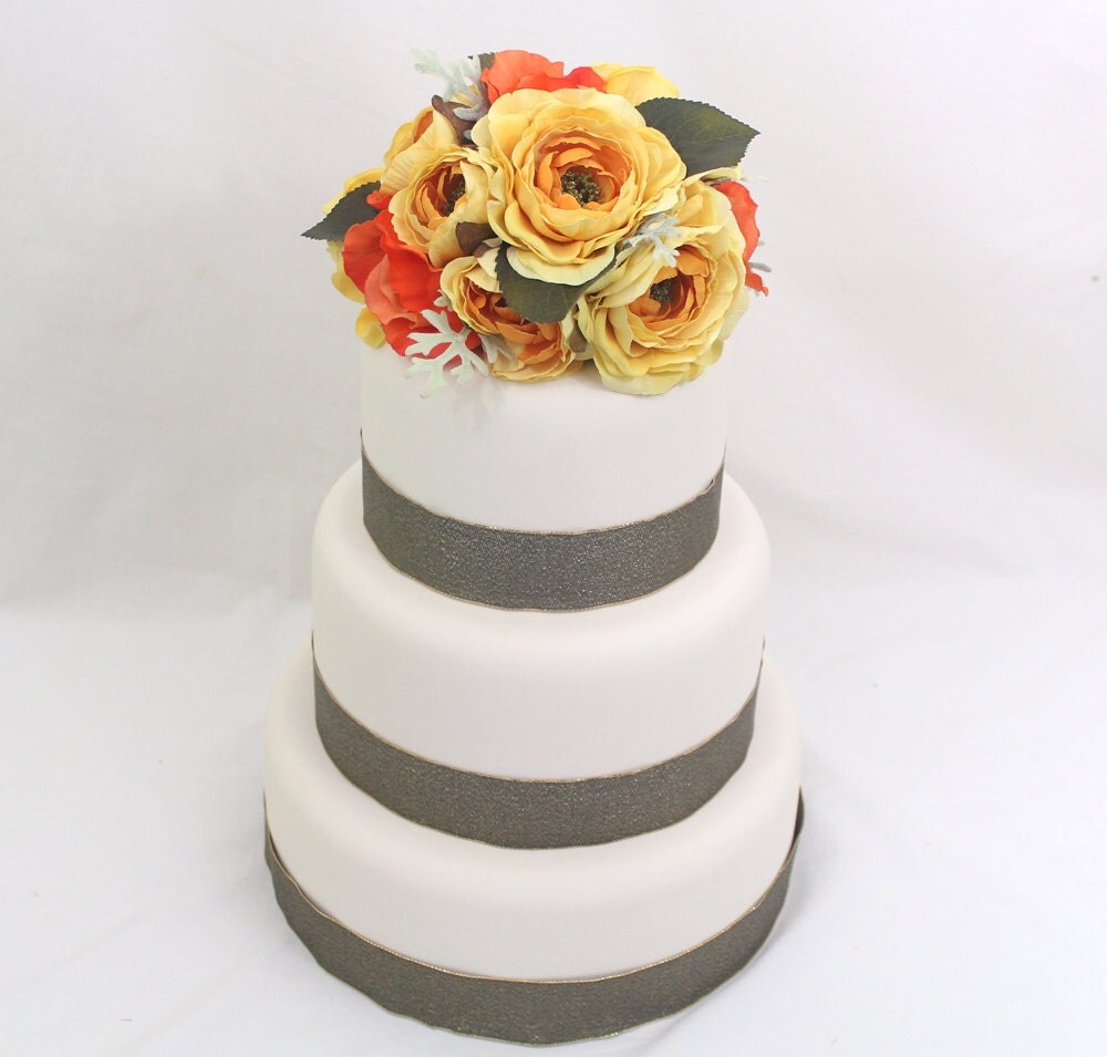 Wedding Cake Topper Yellow Orange Rose Silk Flower Wedding
