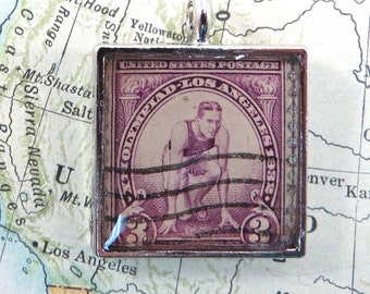 Vintage USA United States Xth Olympiad Postage Stamp Necklace Pendant Key Ring