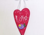 Pink Hanging LOVE Heart with White Ribbon, Folk Art Purple Flower, Mother's Day Gift, Heart Shaped Wood Cutout, Hand Painted,  Tole Painted