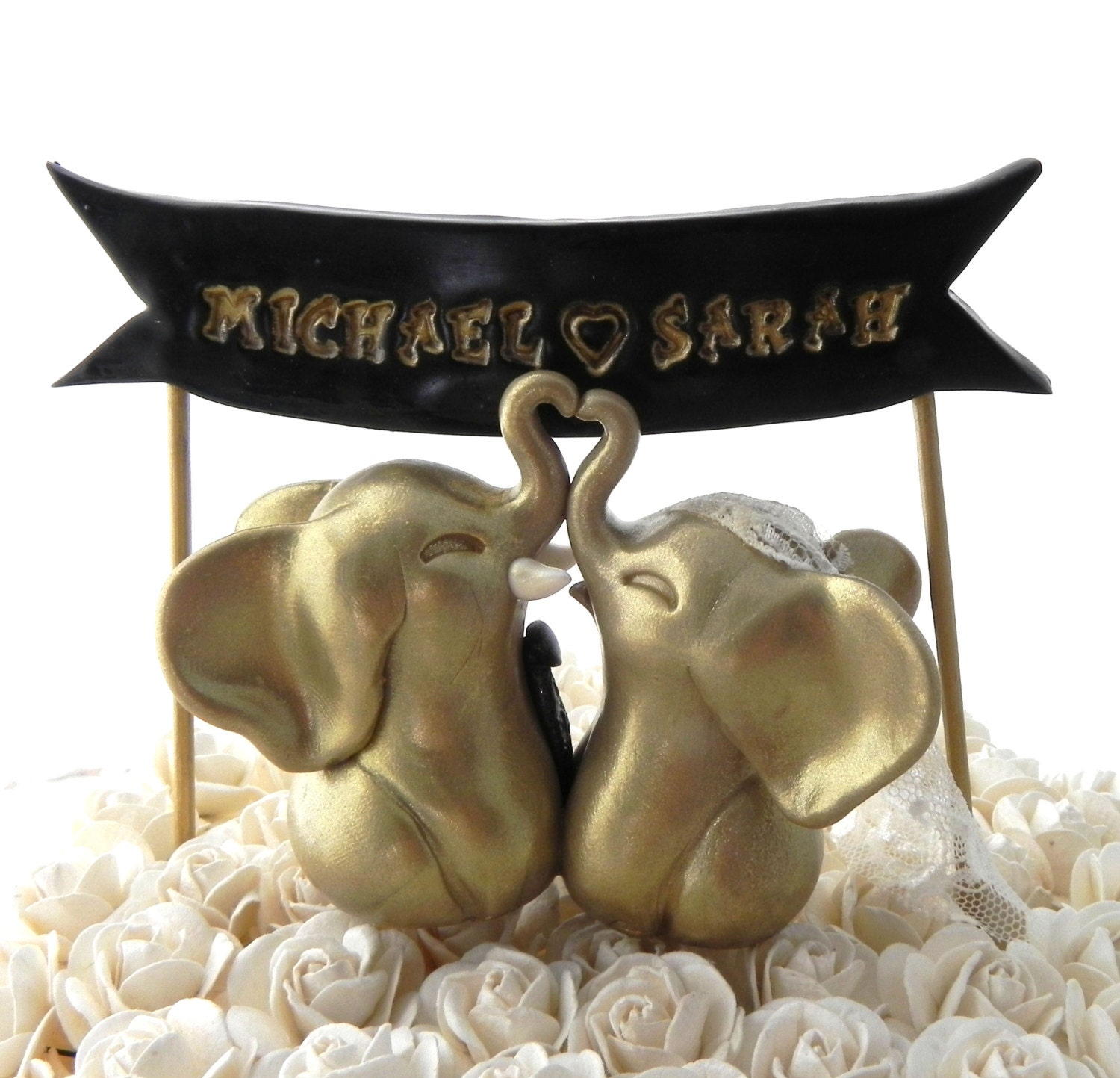 Wedding Cake Topper Gold Elephants and a Custom Black by LavaGifts