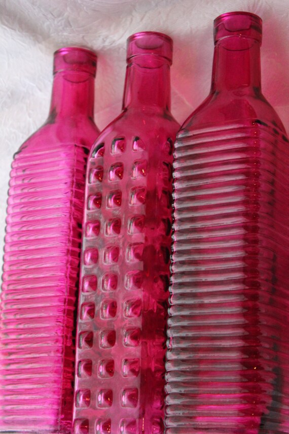 Set of 10 HOT PINK GLASS Bottles Pink Blush Fuchsia Magenta