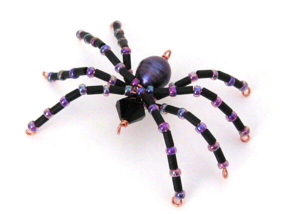 Halloween Spider, Black Beaded Spider, Purple Spider, Wire Spider, Bead Animal, Halloween Decoration