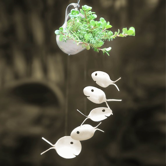 Silver Cup Succulent Planter and Spoon Fish Wind Chime Comes Planted and Ready to Hang