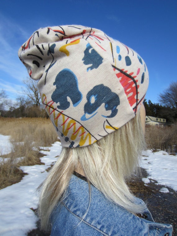 Skull Cap Skully Beanie Ivory Cream Confetti Graffiti Lightweight Summer Hat A985