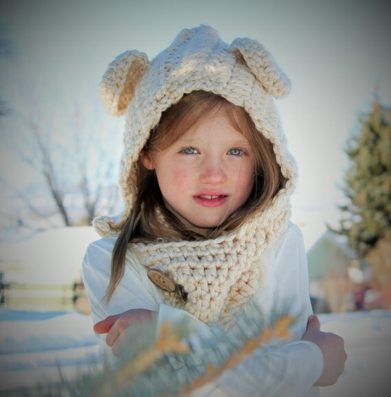 Bear    Hooded Bear  Bear scarf  Teddy Cowl Hooded Hat  Scarf Hat  Tan  bear teddy hooded Cowl