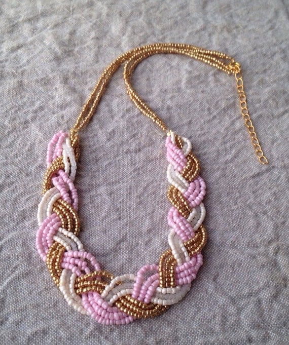 Braided pale pink ivory and gold bib necklace, braided beaded bib necklace, pale pink necklace, pink bridesmaids, gold bridesmaids, necklace