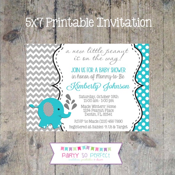 ELEPHANT Turquoise & Gray Chevron Baby Shower Invitation 5x7 - Printable Il_570xn