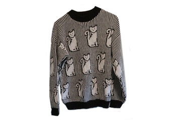Vintage Cat Sweater Black and white Stripes & Cats
