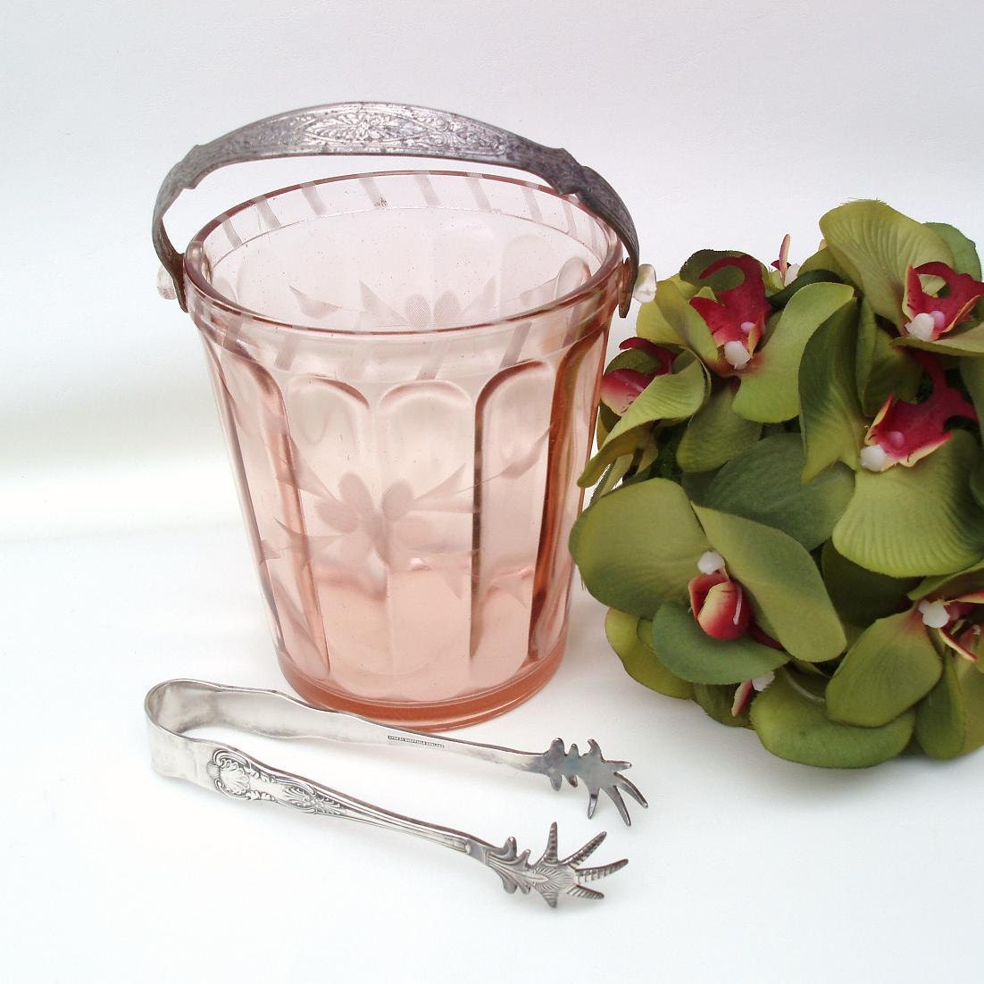 Vintage Pink Depression Glass Ice Bucket Silver Ice Tongs