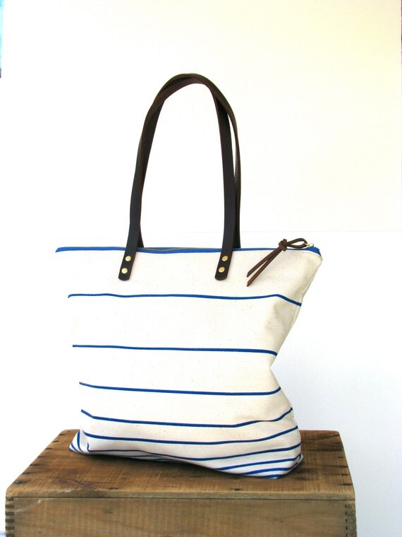 Canvas Tote Bag with Stripes  Leather Straps  OCEAN  NEUTRAL ...