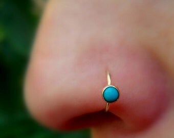 Nose Ring Hoop - Helix Earring - Tragus Earring - Cartilage Earring - 14K Solid Yellow Gold 3 mm Turquoise - 7mm Inner Diameter Hoop