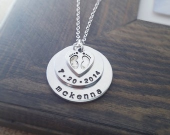 Baby Name Necklace // New Baby Necklace // New Mommy Necklace // Personalized Jewelry // Baby Feet Charm // Push Present // Mothers Day Gift