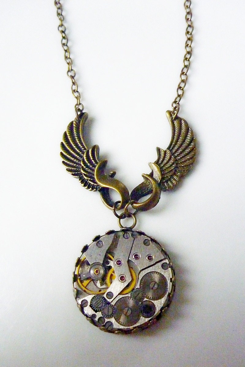 Vintage watch movement Pendant - Steampunk Inspired - Time Flies