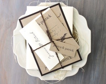 Rustic, Chic, & Elegant Wedding Invitations, Kraft Paper, Twine, Calligraphy, Customizable Wording, Colors, Fonts - "Ivory Romance" Sample