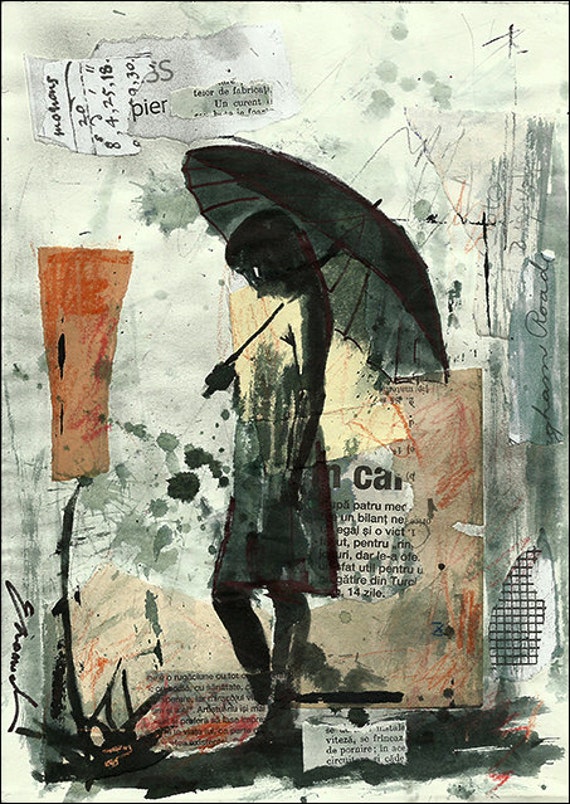 Print Art perfect canvas gift Mixed Media Collage Ink Drawing Rain Painting Illustration Girl with Umbrella Autographed Emanuel Ologeanu