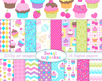 Cupcake clipart- SWEET CUPCAKES - Digital paper and clip art set