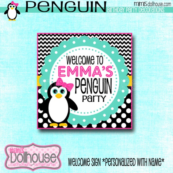 Personalized Penguin Welcome Sign Pink Teal- Welcome Sign Penguin Pink Teal-PDF Il_570xn