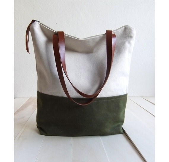 Items similar to Large zippered Waxed Canvas Tote natural canvas Brown Leather Straps Handmade ...