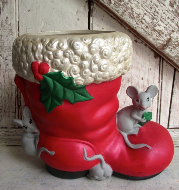 Vintage Santa Boot with mice Santa Claus Red Boot ceramic