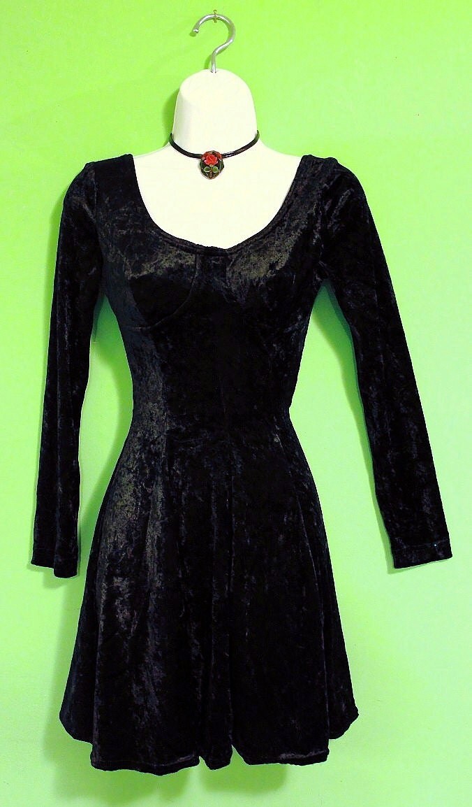 Vintage 90s Goth Black Velvet Mini Dress Grunge Club Kid Hella