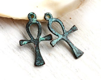 Ankh charms, Egyptian symbol of Life, Cross with loop, Green patina on copper, Lead Free - 2Pc - F150