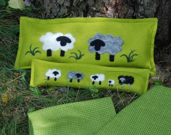 Rice Heating Pad, Microwave Rice Bag, Heat Pack, Microwave Neck Wrap, Spa Neck Wrap, Green With Sheep Needle Felted 100% Wool Bags,