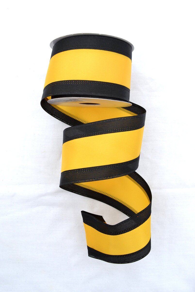 Black and Yellow Gold Stripe Ribbon Satin Wired 2.5