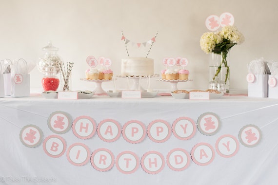 HAPPY BIRTHDAY Banner, Pink Gray Girls Birthday, Teddy Bear Birthday Banner, Girl's First Birthday Il_570xn