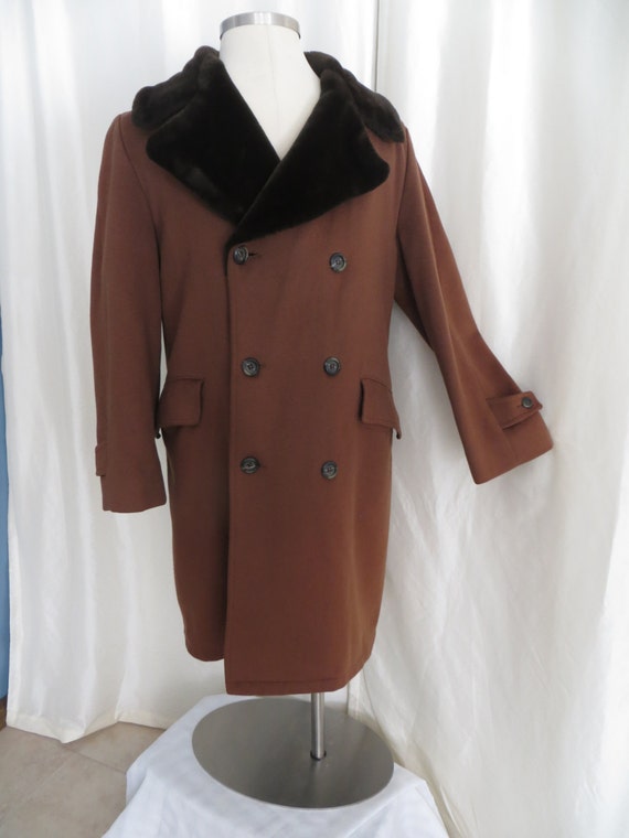 Vintage mens 80s winter coat jacket warm wool fur collar brown