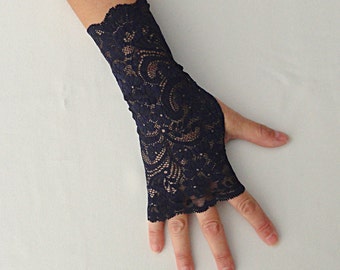 Navy Lace Gloves - Blue Lace Gloves - Navy Blue Fingerless Gloves