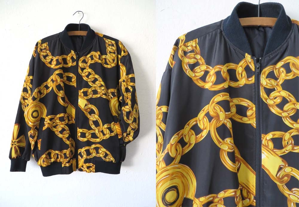 90s Gold Chains Bomber Jacket Royalty Print Hip Hop Style