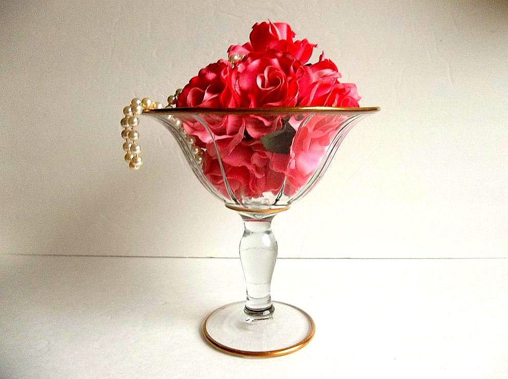 Vintage tulip vase compote with gold trim glass pedestal