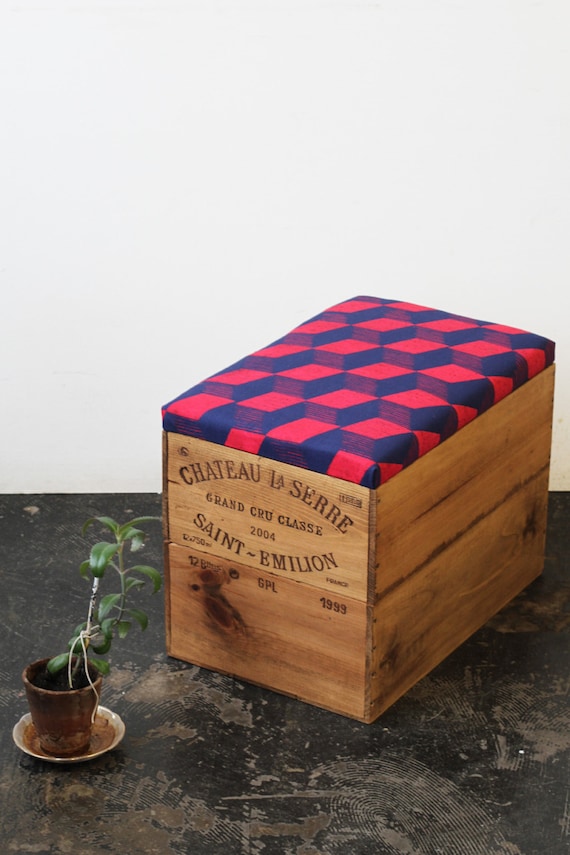 Upcycled double height wine box Ottoman storage box/ table  w/ hand screen printed navy and red cube geometric linen fabric