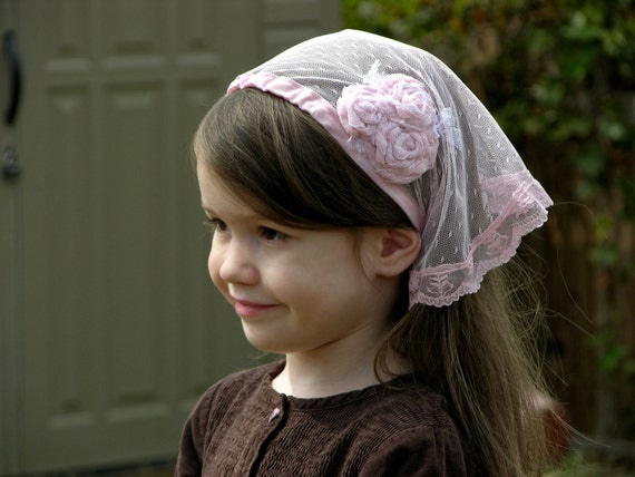 Little Girls Light Pink Veil with Tie-Backs and Swirled Rosette Cluster