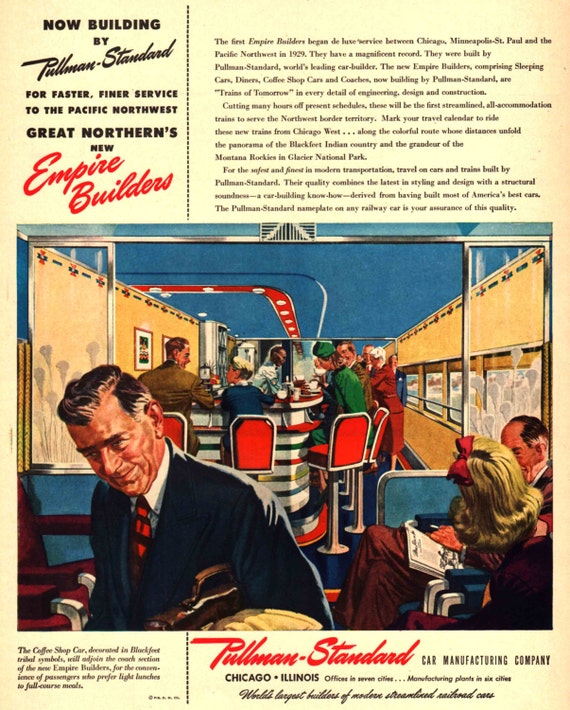 1946 Pullman Standard Ad Railroad Train Vintage 1940's Ad Empire Builders Coffee Shop Car Large Size to Frame