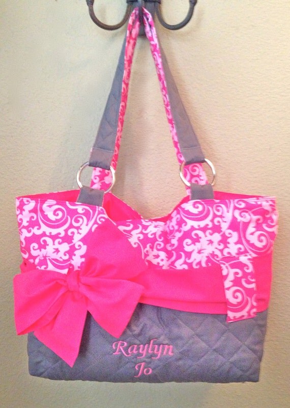 Personalized Diaper Bag In Hot Pink Damask with Grey by CeeJaze