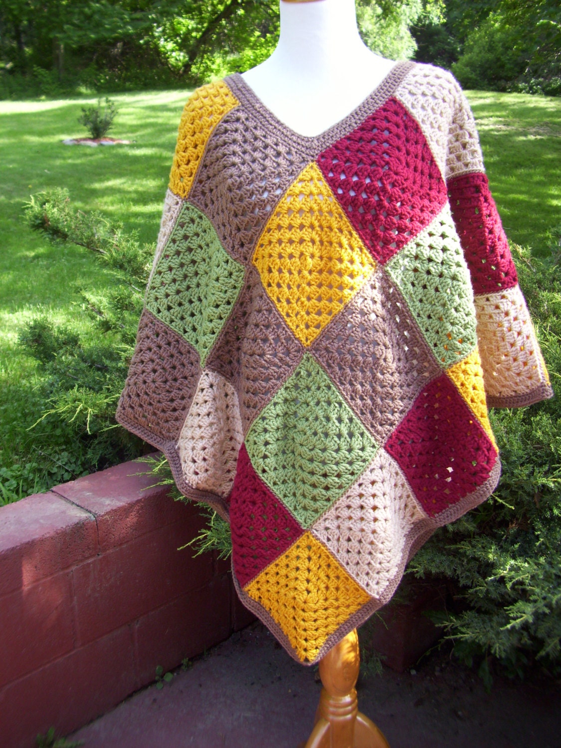 Crocheted Granny Square Poncho / Shawl / Cape / Brown Gold